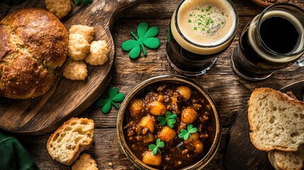 Rich Irish stew served with fresh bread and festive snacks on ru