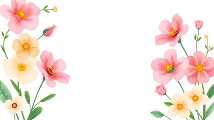 Fototapeta premium Floral Frame: Delicate pink and yellow blossoms with green leaves create a soft and romantic frame, perfect for invitations, cards, or social media posts.