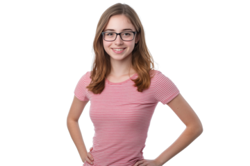 A smiling woman in a pink striped shirt and glasses, standing with her hands on her waist, isolated on a transparent background. Natural lighting, high-res, clean focus.