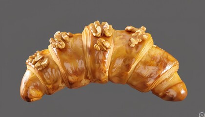 A golden brown croissant with a shiny glaze and a generous amount of walnuts on top.