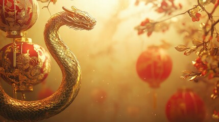 Obraz premium Golden background for Chinese New Year 2025 with a coiled snake design, red and gold lanterns, and intricate floral motifs. Festive and elegant.