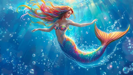 Printed kitchen splashbacks Captivating Mermaid with Pink Hair and Iridescent Shiny Scales in Vibrant Aquamarine, mermaid in the water, Cute mermaid interacts with marine life characters in an underwater fantasy world