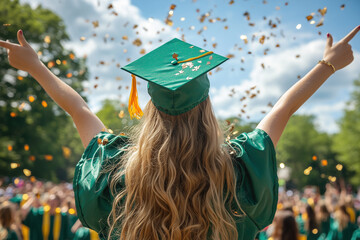 Young graduate in a green cap and gown celebrating success with confetti and joy under a bright sky