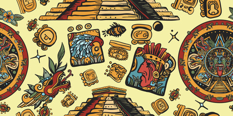 Fototapeta premium Mayan pattern. Ancient mexican civilization, pyramids. Aztec Mayan calendar, inca background. Golden glyphs