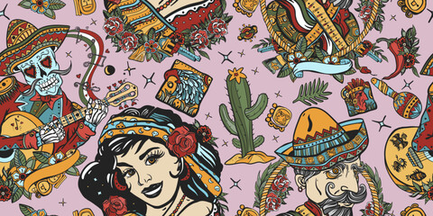 Mexico. Seamless pattern. Skeleton with guitar, mexican woman and man. Old school tattoo vector background. National culture and people. Traditional tattooing style