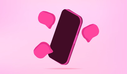3D mobile phone with icon chat dialog. Communication SMS, emails, and social media business background. Cartoon retro pink smartphone vector.