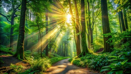 Obraz premium Architectural photography captures a sunlit forest path's lush greenery and natural beauty.