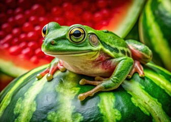 Obraz premium Artistic double exposure blends juicy watermelon with a whimsical frog.