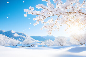 A snowy landscape with a tree in the foreground