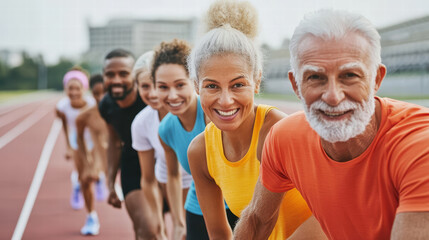 Diverse group of people smiling on running track, showing unity