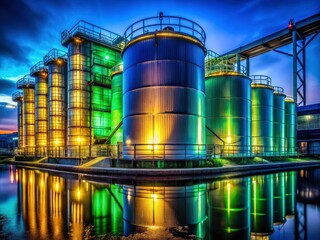Obraz premium Blue, green, and yellow industrial tanks blaze under the night sky, a vibrant scene.