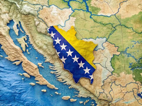 Bosnia and Herzegovina: Detailed map showcasing its position within the global context and national flag.