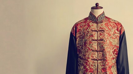 Obraz premium Traditional Chinese New Year mens tunic with brocade patterns on a mannequin, displayed against a plain, light neutral background.