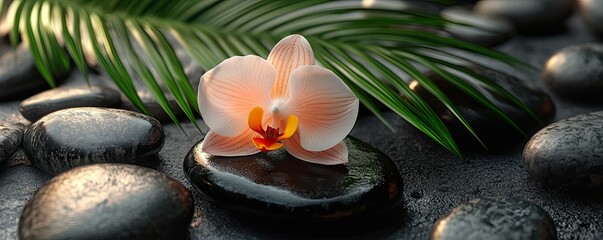Fototapeta premium Serene Orchid Blossom Resting on Smooth Black Stones