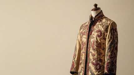 Obraz premium Traditional mens jacket with dragon embroidery and intricate patterns on a mannequin, set against a light beige background.