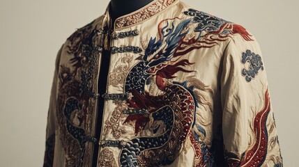 Traditional mens jacket with dragon embroidery and intricate patterns on a mannequin, set against a light beige background.
