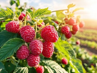 Ripe raspberries on bush, sunny farm field background, summer harvest, food photography.