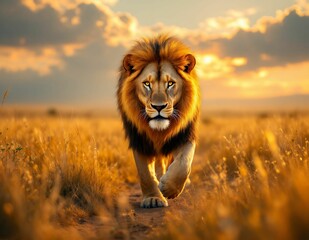 Majestic African Lion: Golden Sunset Savanna Portrait