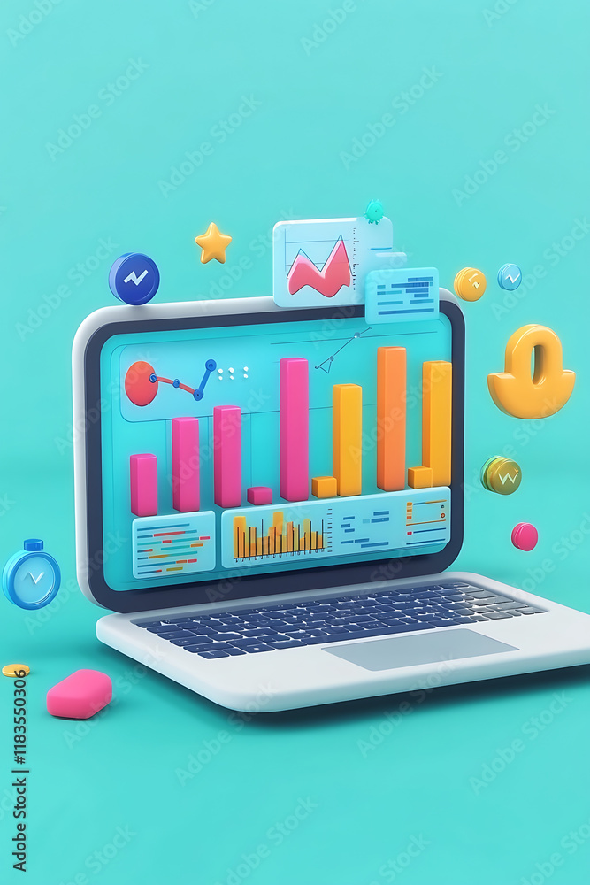 Poster colorful 3d laptop displaying various data visualizations and graphs.
