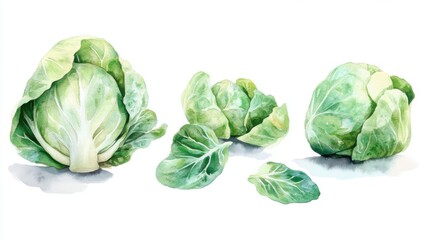Fototapeta premium Fresh and vibrant cabbages with leaves arranged artistically, highlighting their natural beauty and freshness.