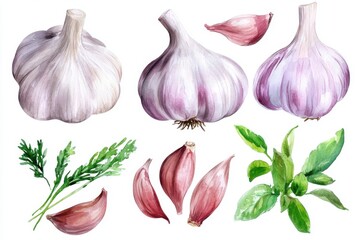 Hand-painted garlic bulbs and cloves, showcasing their natural beauty and vibrant colors, perfect for food-related designs.