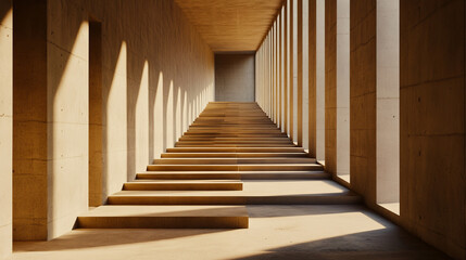 An architectural setting featuring a staircase illuminated by sunlight, with symmetrical columns casting shadows, creating an abstract vision of perspective and structure in a modern design.