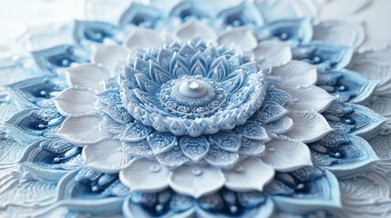 Mandala design in light blue and silver on white background