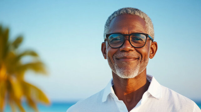 A black afro American senior man with a happy expression stands outdoors with a serene beach and palm background under bright daylight.