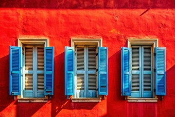 Fototapeta premium Coastal France: weathered red house, faded blue shutters, Mediterranean architecture, vintage window details.