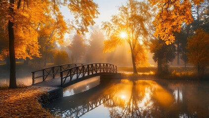 Autumnal Sunrise Over Wooden Bridge and Pond