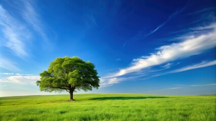 Obraz premium A serene landscape with a single tree in the foreground and a vast expanse of blue sky behind it