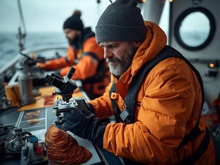 Fototapeta premium Weathered geologists aboard a research vessel intently studying core samples extracted from the seafloor