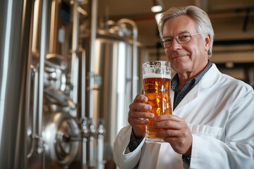 Senior brewer proudly holding a freshly brewed beer, ensuring quality and showcasing the craftsmanship in a brewery environment