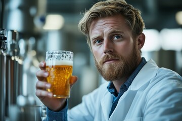 Brewer holding glass of beer in microbrewery, ensuring quality control during the brewing process