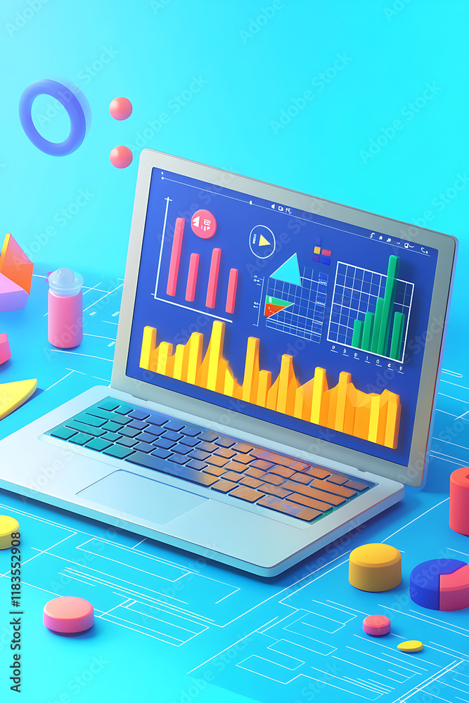 Poster a digital laptop displaying colorful data visualizations and graphs.