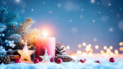 Christmas background candles and snowflakes bokeh effect background mock up blank space copy paste text