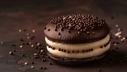 Close-up of a decadent chocolate macaron with vanilla cream filling and chocolate sprinkles on a brown background.