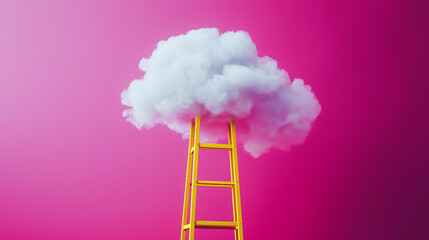 A large white cloud resting atop a ladder against a pink background

