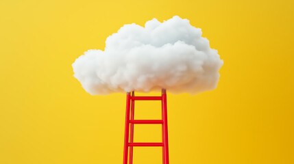A large white cloud resting atop a ladder against a yellow background
