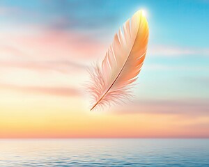 Feather in sunrise sky for feather art, feather symbolism, and peaceful feather inspiration ,feather symbolism print for spiritual home decor,  sunrise feather art for meditation or healing wall