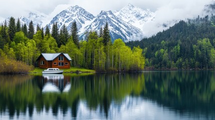 Fototapeta premium A serene lake reflects a cozy cabin and majestic mountains, surrounded by lush greenery and misty clouds, creating a tranquil nature scene.