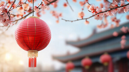 Obraz premium Lunar New Year Lantern with Blossoms in Chinese Temple