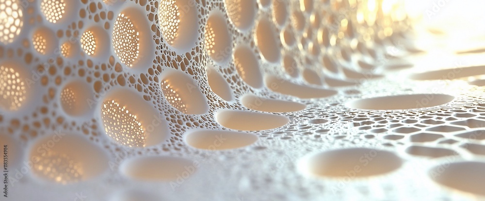 Poster Abstract 3D rendering of a porous, textured surface with interconnected holes and a soft, light beige color palette, creating a flowing, undulating pattern.