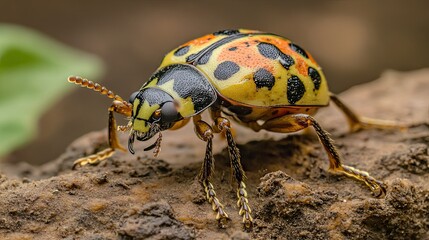 Naklejka premium Colorful beetle on ground, close-up macro shot, nature background, ideal for nature documentaries.