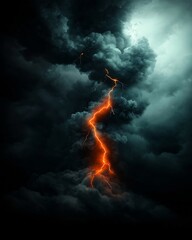 Dramatic and Electrifying Ominous Storm Clouds with Intense Crackling Lightning Bolts Zigzagging through Turbulent Ink Black Sky in Moody Atmospheric Landscape Scene with Chiaroscuro Lighting Effects