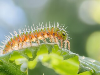 Naklejka premium Green millipede crawling on leaf, garden background, nature macro photography for websites.