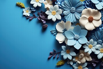 Beautiful Floral Arrangement on Blue Background with Colorful Paper Flowers and Leaves in Various Shapes and Sizes for Creative Projects