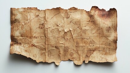 An ancient, weathered map with torn edges and faded markings, evoking a sense of exploration and history.