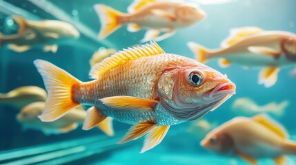 Fototapeta premium A vibrant underwater scene featuring multiple golden fish swimming gracefully in a clear tank, showcasing their shimmering scales and lively movements.