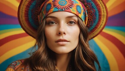 Obraz premium Bohemian Rhapsody: A Vibrant Portrait of a Woman in Retro Headwear Against a Rainbow Background. A Stylish and Colorful Image, Perfect for Fashion, Beauty, and Lifestyle Brands. 70s Hippie Aesthetic